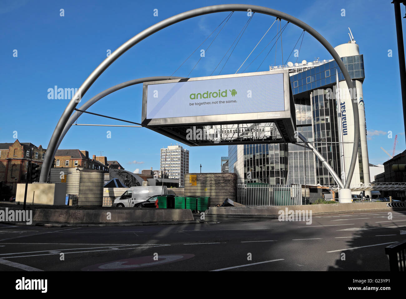 Advertisement on Silicon Roundabout structure at Old Street in Shoreditch, East London KATHY DEWITT Stock Photo