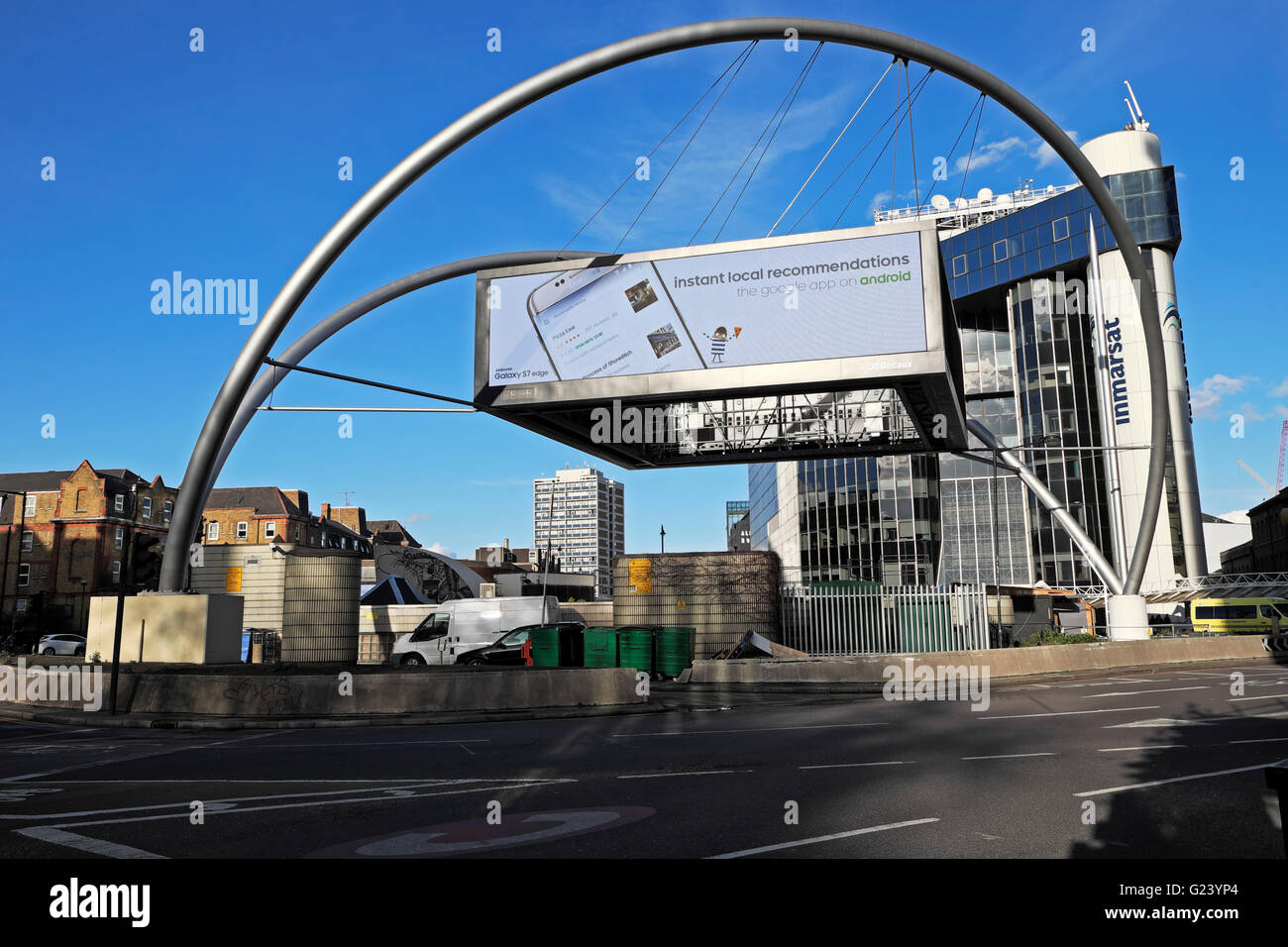 Android mobild phone advertisement advert on Silicon Roundabout structure and Inmarsat sign on building in Shoreditch, East London UK    KATHY DEWITT Stock Photo