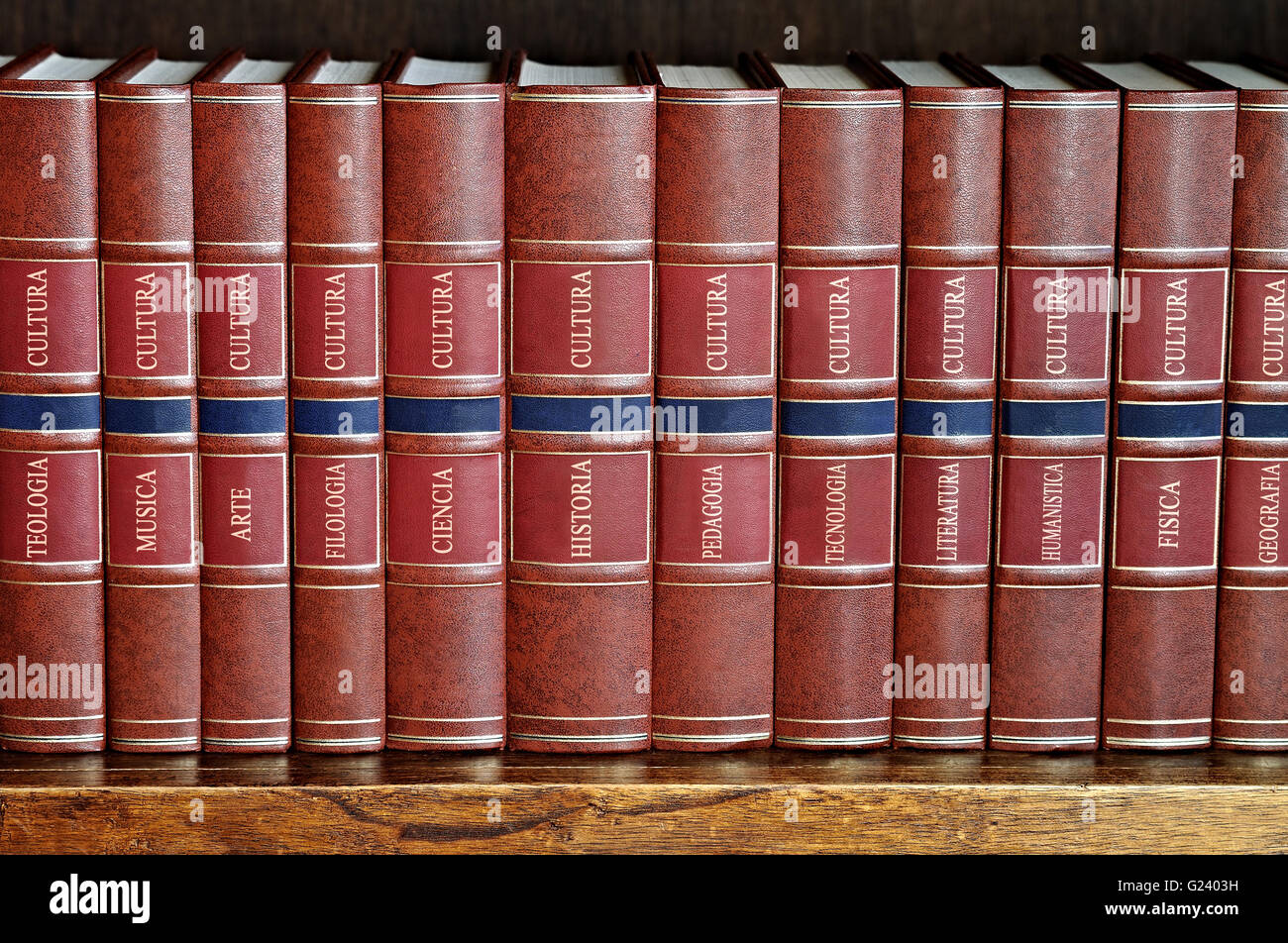 row of books with brown cover on a shelf with titles in Spanish Stock