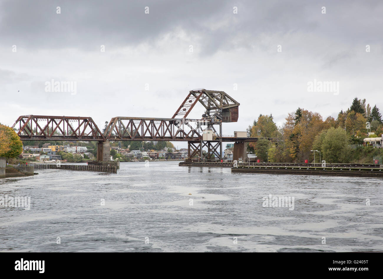 1917 railroad lift bridge at the west end of the Lake Washington Ship Canal in Seattle, Washington Stock Photo