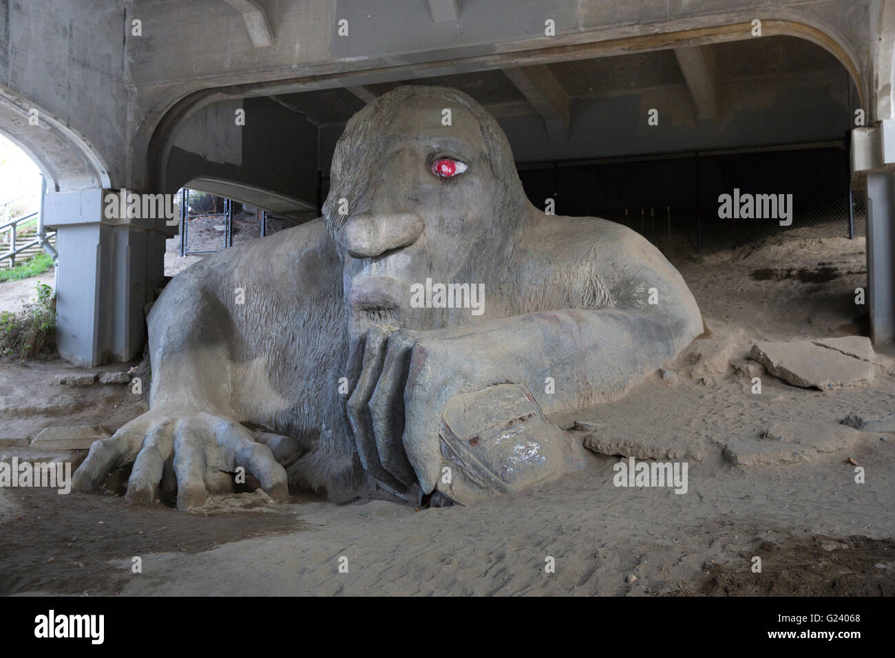 1990 sculpture the Fremont Troll by artists Steve Badanes, Will Martin, Donna Walter, and Ross Whitehead in Seattle, Washington Stock Photo