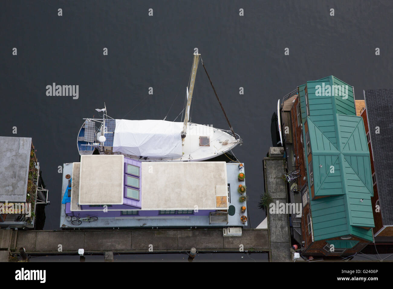 Aerial view of floating homes on Lake Union in Seattle, Washington Stock Photo