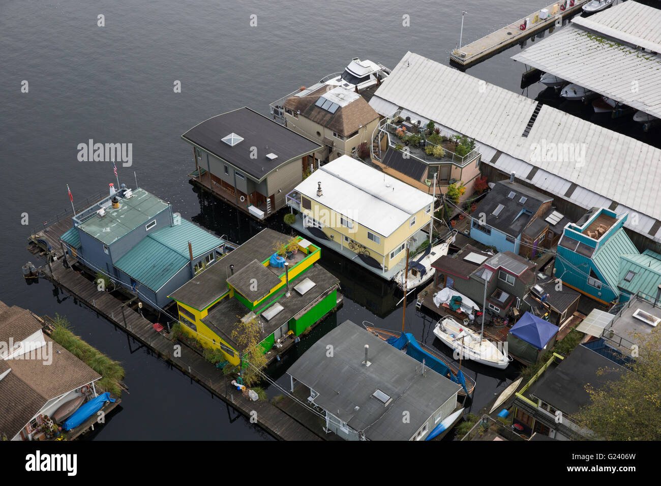 Floating homes on Lake Union in Seattle, Washington Stock Photo