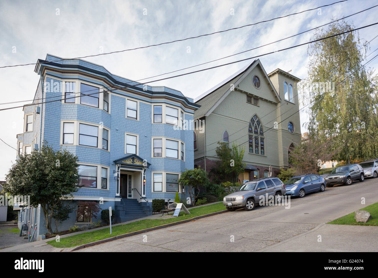 Historic apartment building and the 1907 wooden EUB Evangelical United