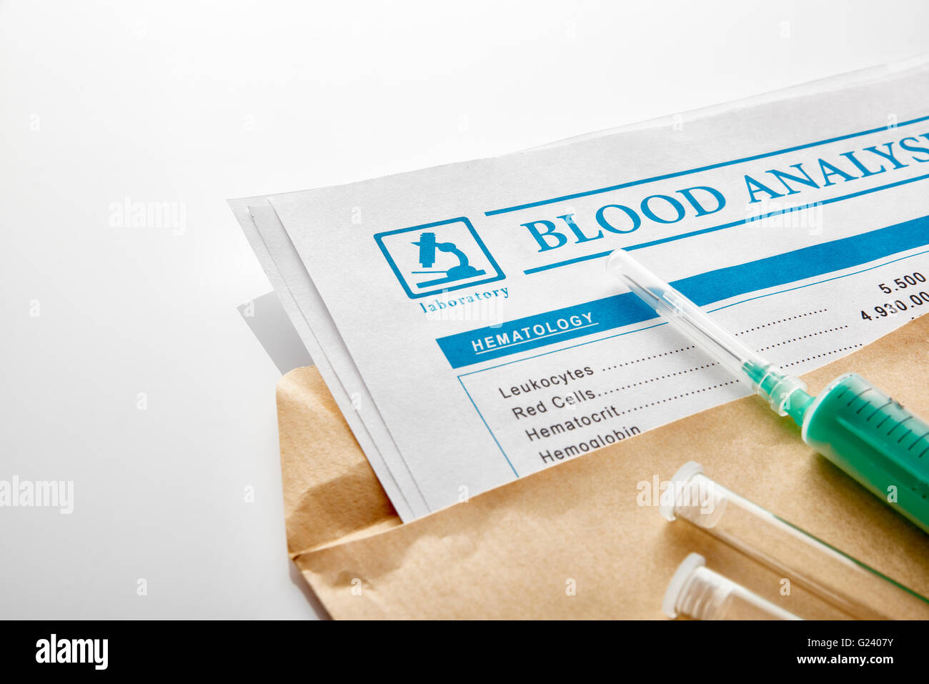 Blood test report in a brown envelope with vials and syringe over white