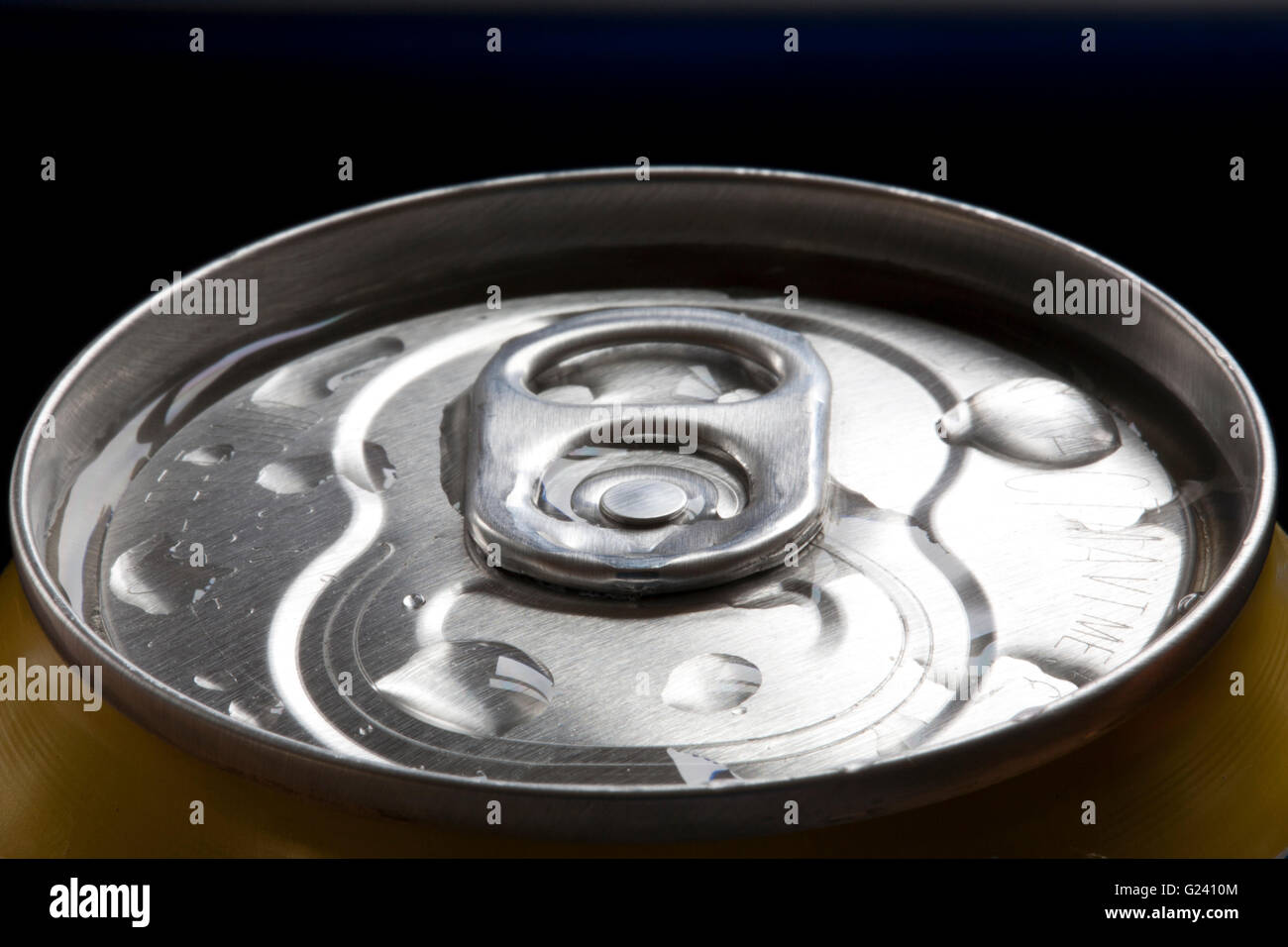 top of unopened aluminum beverage can with water droplets Stock Photo