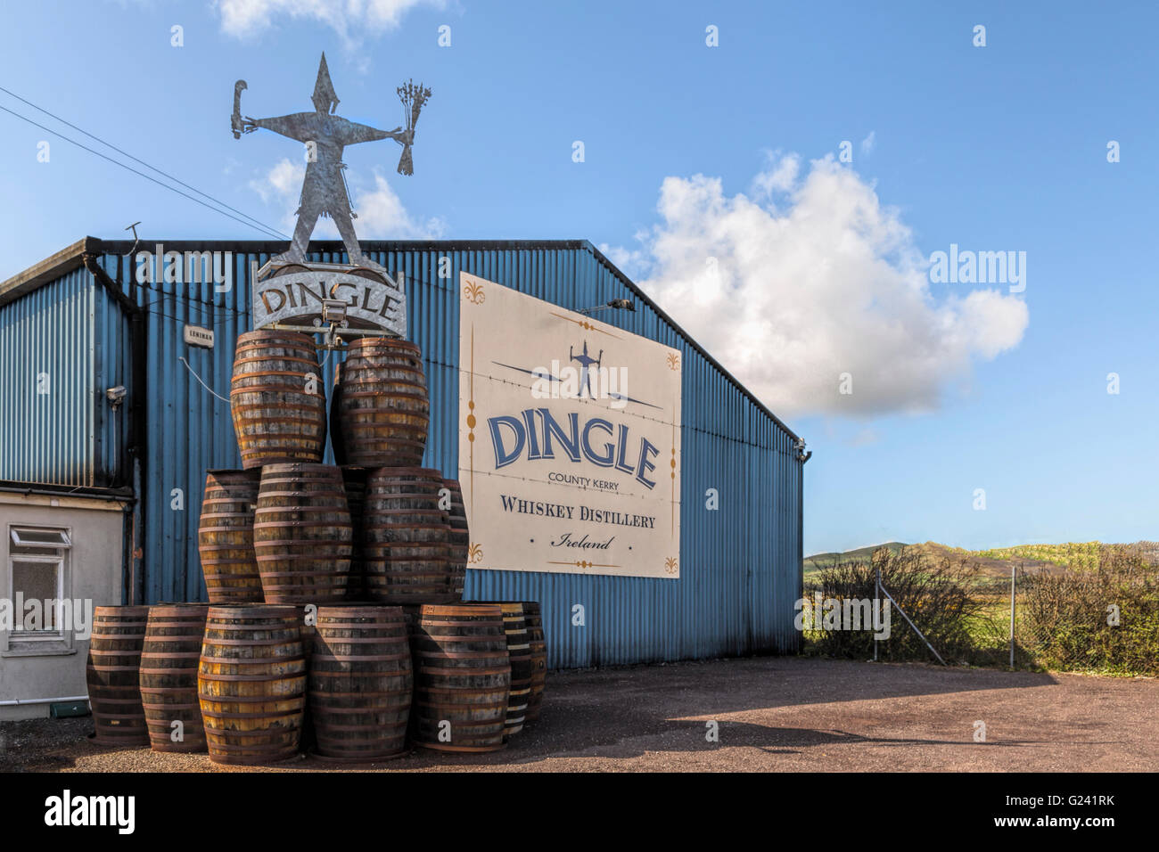 Stacked wooden barrels at the Dingle Whiskey Distillery, Dingle, County Kerry, Munster Province, Republic of Ireland. Stock Photo
