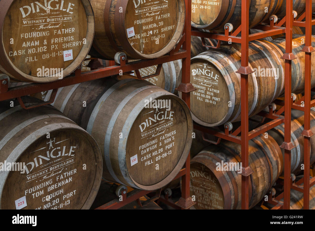 Storeroom with barrels at the Dingle Whiskey Distillery, in Dingle, County Kerry, Munster Province, Republic of Ireland. Stock Photo