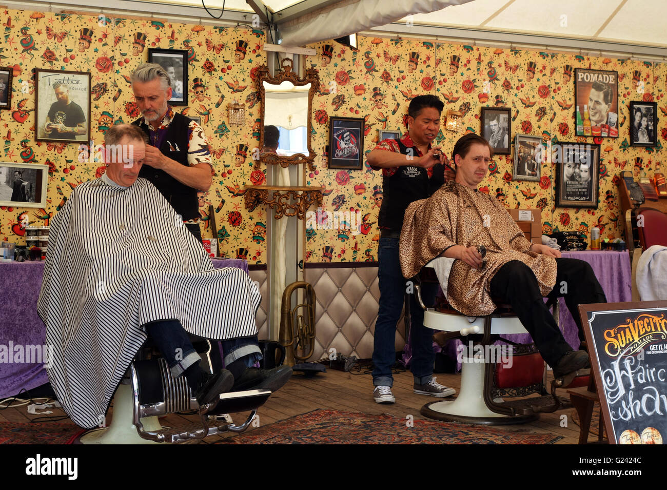Vasco's vintage barber shop at rock n roll event, Venlo Netherlands Stock  Photo - Alamy