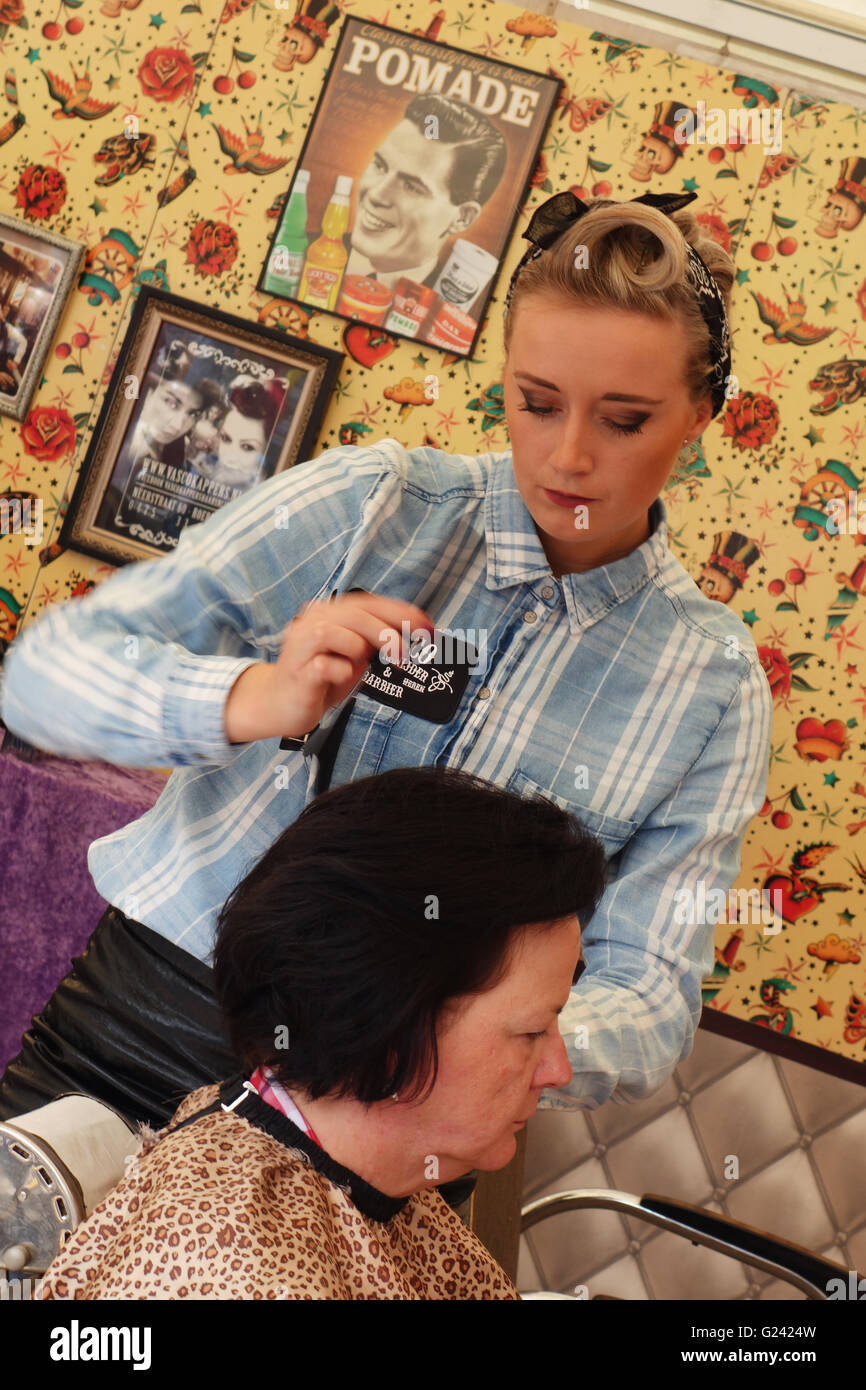 Vasco's vintage barber shop at rock n roll event, Venlo Netherlands Stock Photo