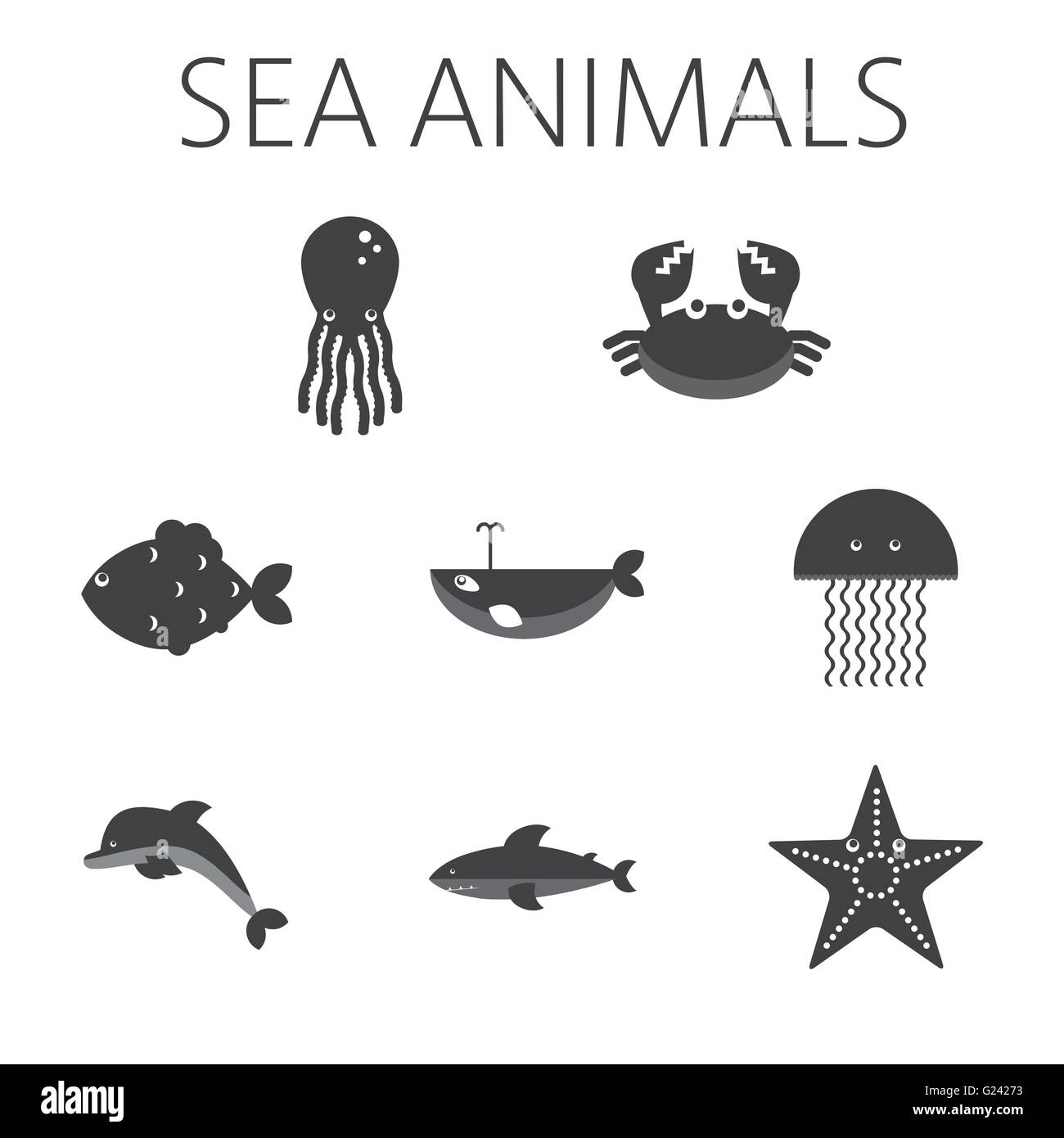 Black sea animal set in outlines with octopus, crab, fish, penguin, shark, whale, jellyfish and starfish. Digital vector image. Stock Vector