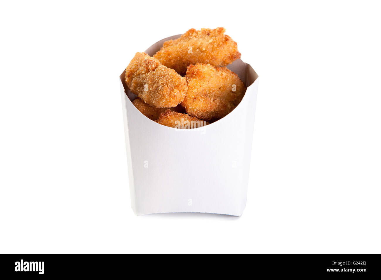 Fried chicken nuggets in a white box isolated Stock Photo