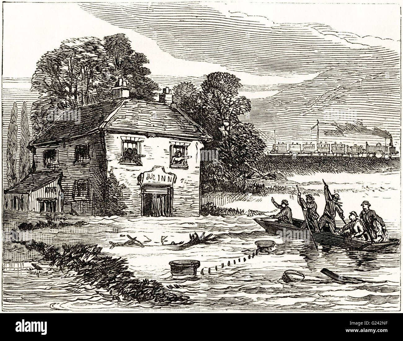 Navvies in a punt trying to rescue people in a pub from floods near Cardiff South Wales July 1875. Victorian woodcut engraving dated 1875 Stock Photo