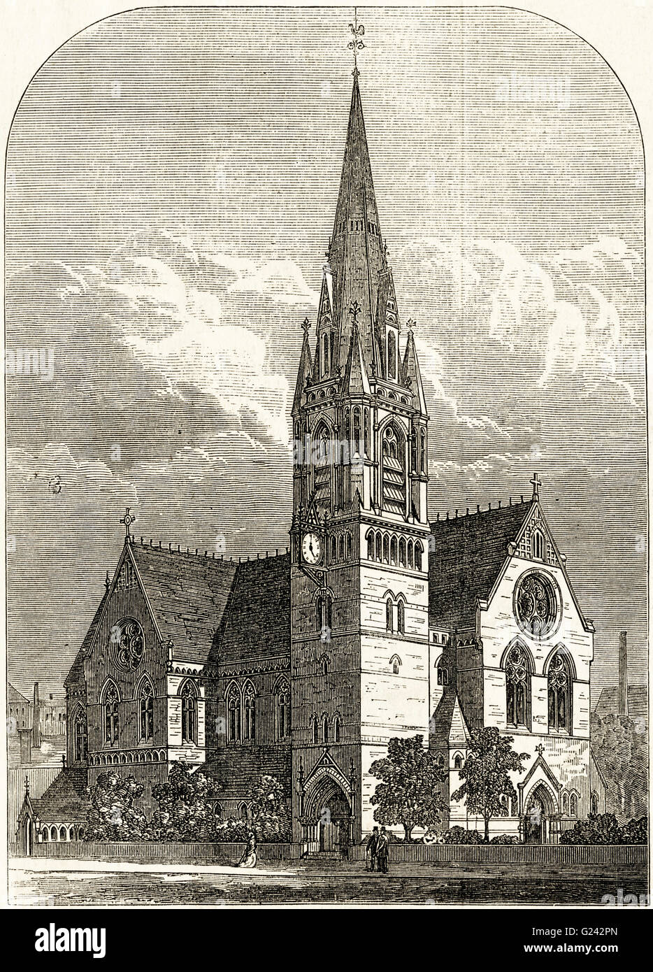 New Church of St Mary Matfelon in Whitechapel London built in 1870s & destroyed in the Blitz 29th Dec 1940. Victorian woodcut engraving dated 1875 Stock Photo