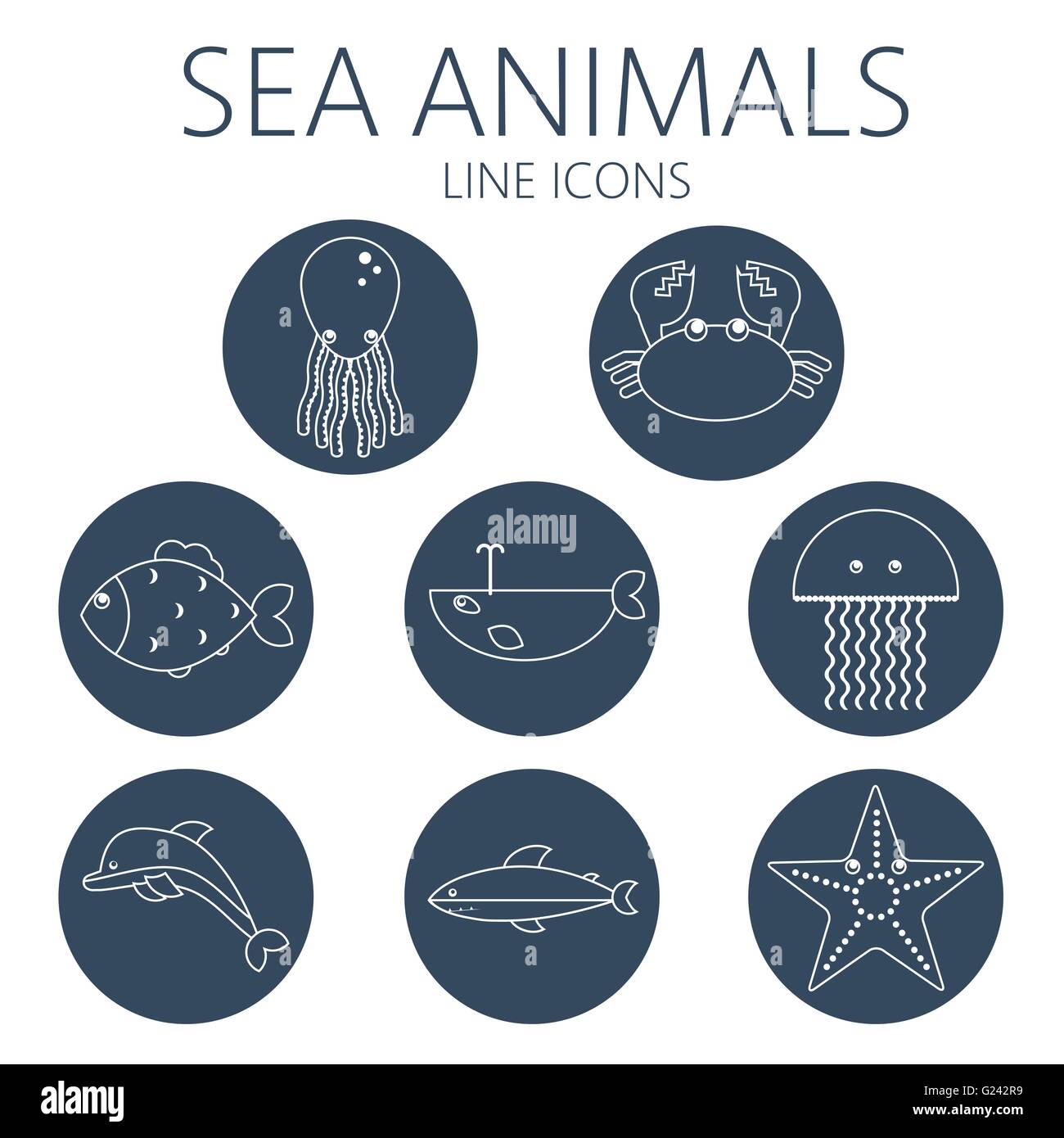 Black sea animal set in outlines with octopus, crab, fish, penguin, shark, whale, jellyfish and starfish. Digital vector image. Stock Vector