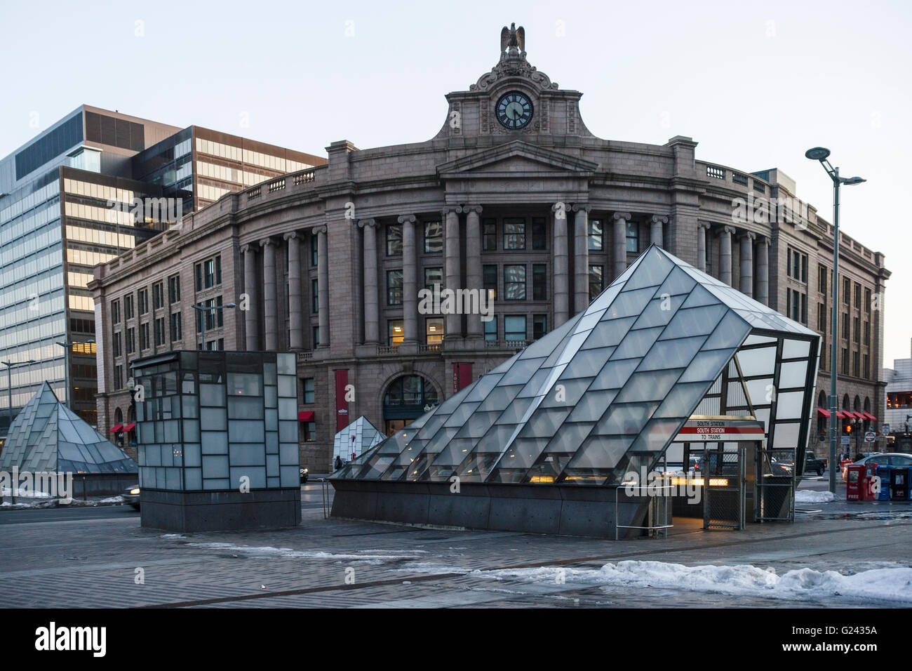 The Governor Michael S. Dukakis Transportation Center at South Station and Subway entrance on winter weekend day Stock Photo