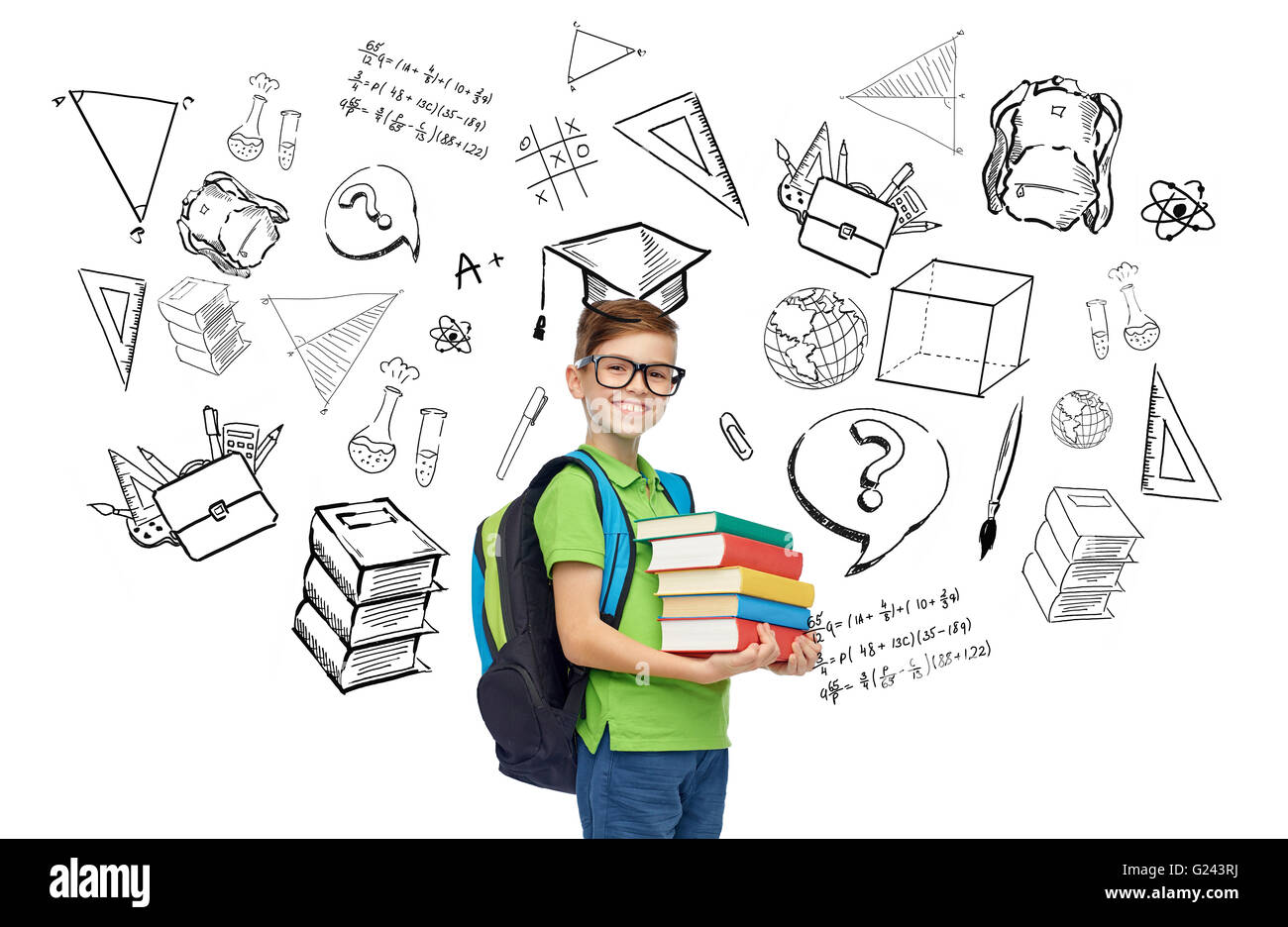 happy student boy with school bag and books Stock Photo - Alamy
