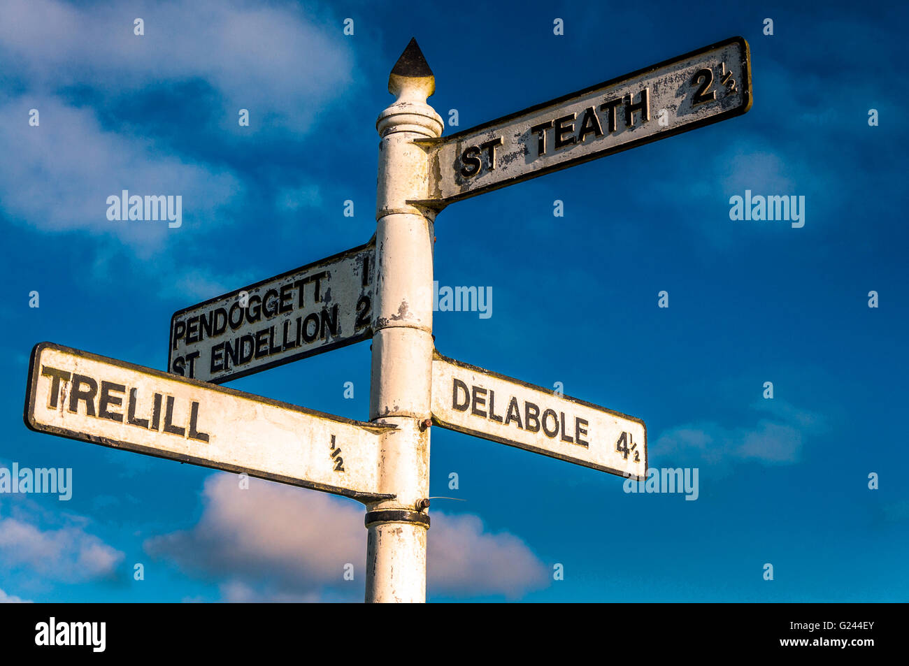 Signpost at crossroads, Cornwall, England, UK Stock Photo