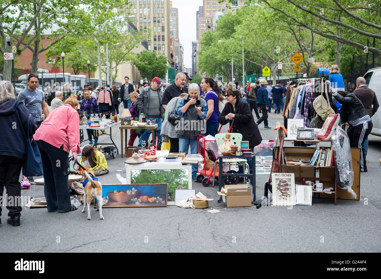 Shoppers search for bargains at the humongous Penn South Flea Market in the New York neighborhood of Chelsea on Saturday, May 21, 2016. The flea market appears like Brigadoon, only once every year, and the residents of the 20 building Penn South cooperatives have a closet cleaning extravaganza. Shoppers from around the city come to the flea market which attracts thousands passing through.  (© Richard B. Levine) Stock Photo
