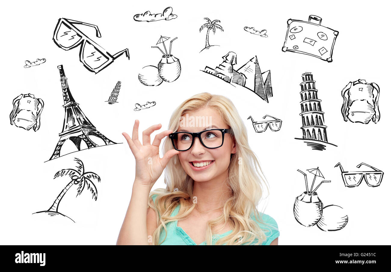 happy young woman or teenage girl in glasses Stock Photo