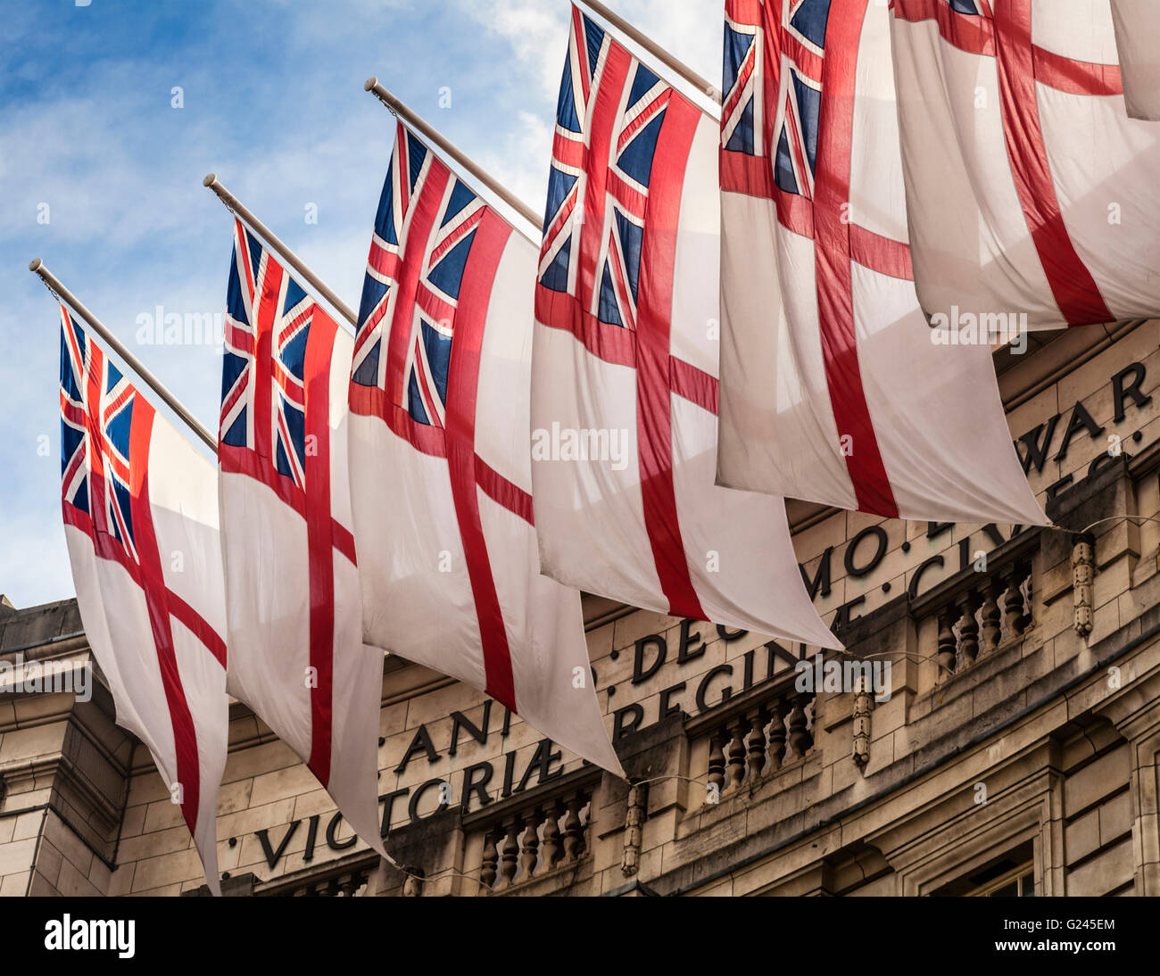 White Ensign flags on display at Admiralty Arch, London, England. Stock Photo