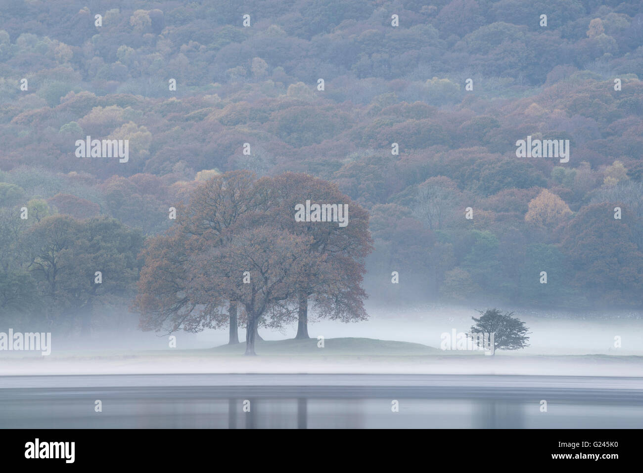 Mist at Dusk over Coniston Water, Cumbria. Stock Photo