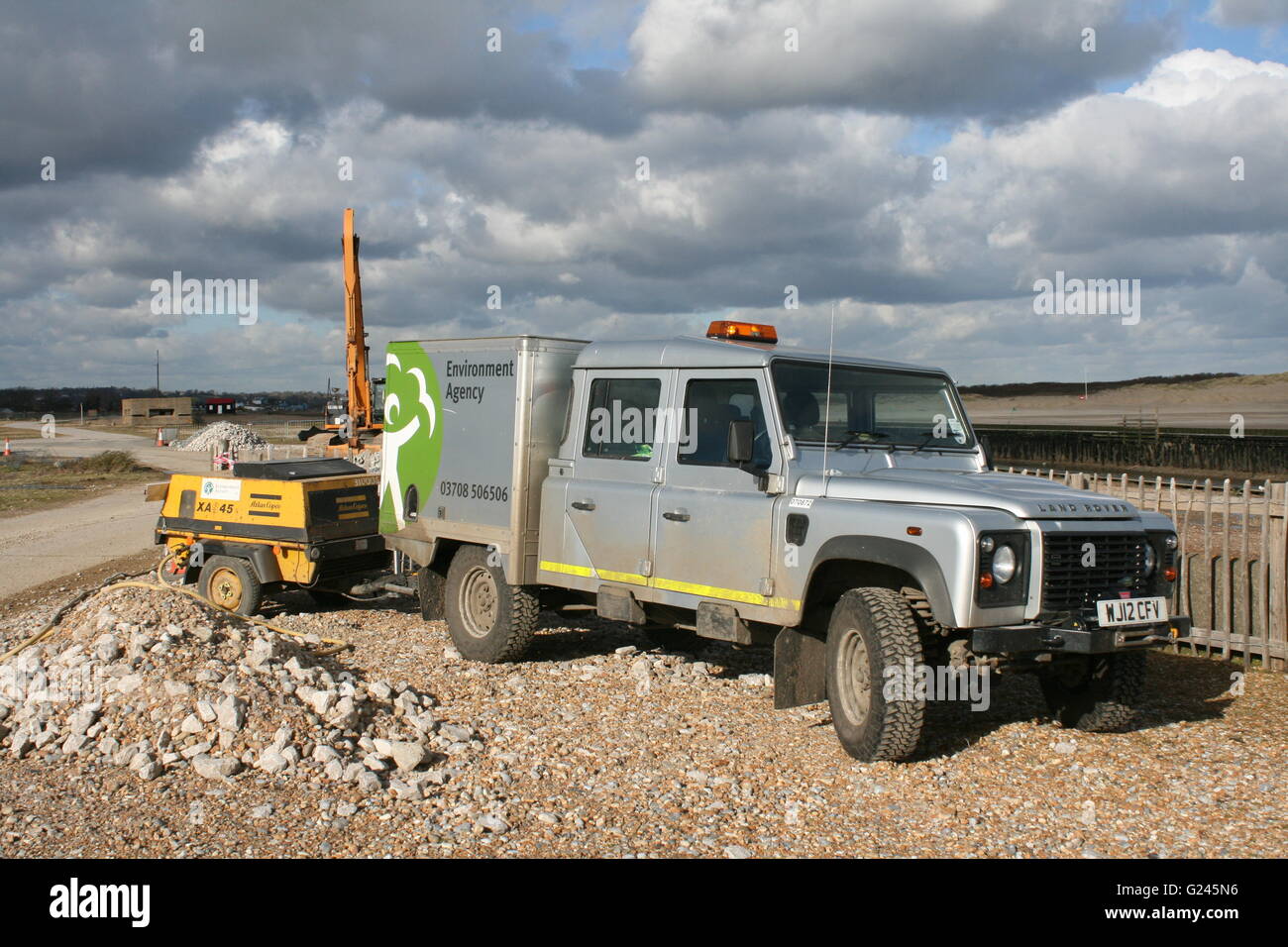 Environment Agency Land Rover at work in Rye Harbour in East Sussex,within a SSSI nature reserve. Stock Photo