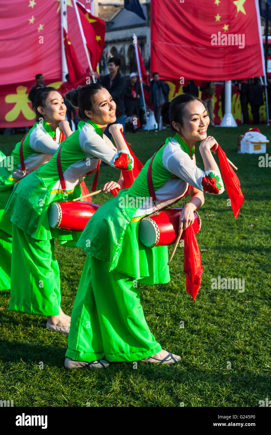 Chinese Dance Troupe performing at Parliament Square, Westminster, London, England. Stock Photo