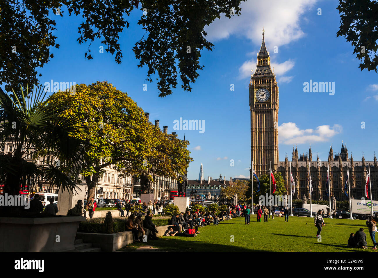 Elizabeth Tower (Big Ben) and Parliament Square, London, England. Stock Photo