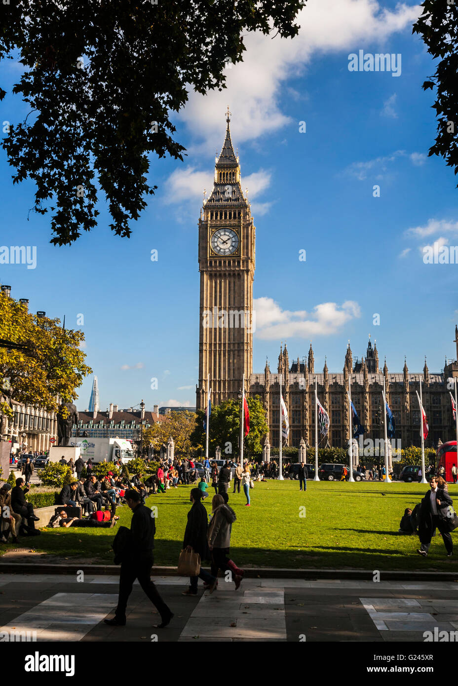 Elizabeth Tower (Big Ben) and Parliament Square, London, England. Stock Photo