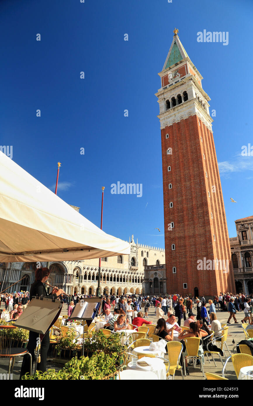 Campanile bell tower,  Piazza San Marco, Venice, Italy. Caffè Lavena. St Mark's Square / Markusplatz Stock Photo