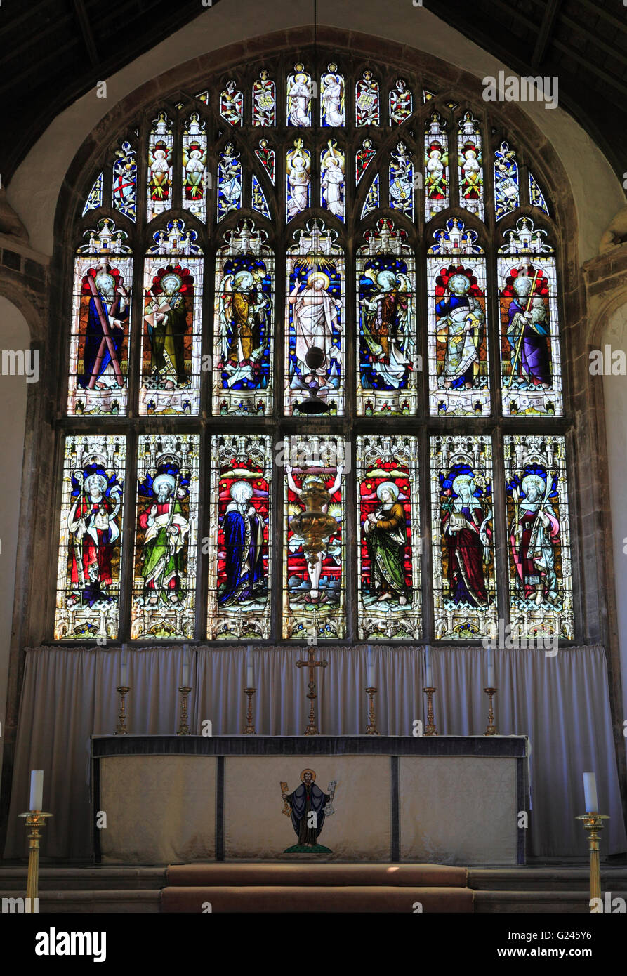 Stained glass window at church of St Peter, Walpole, Norfolk. Stock Photo