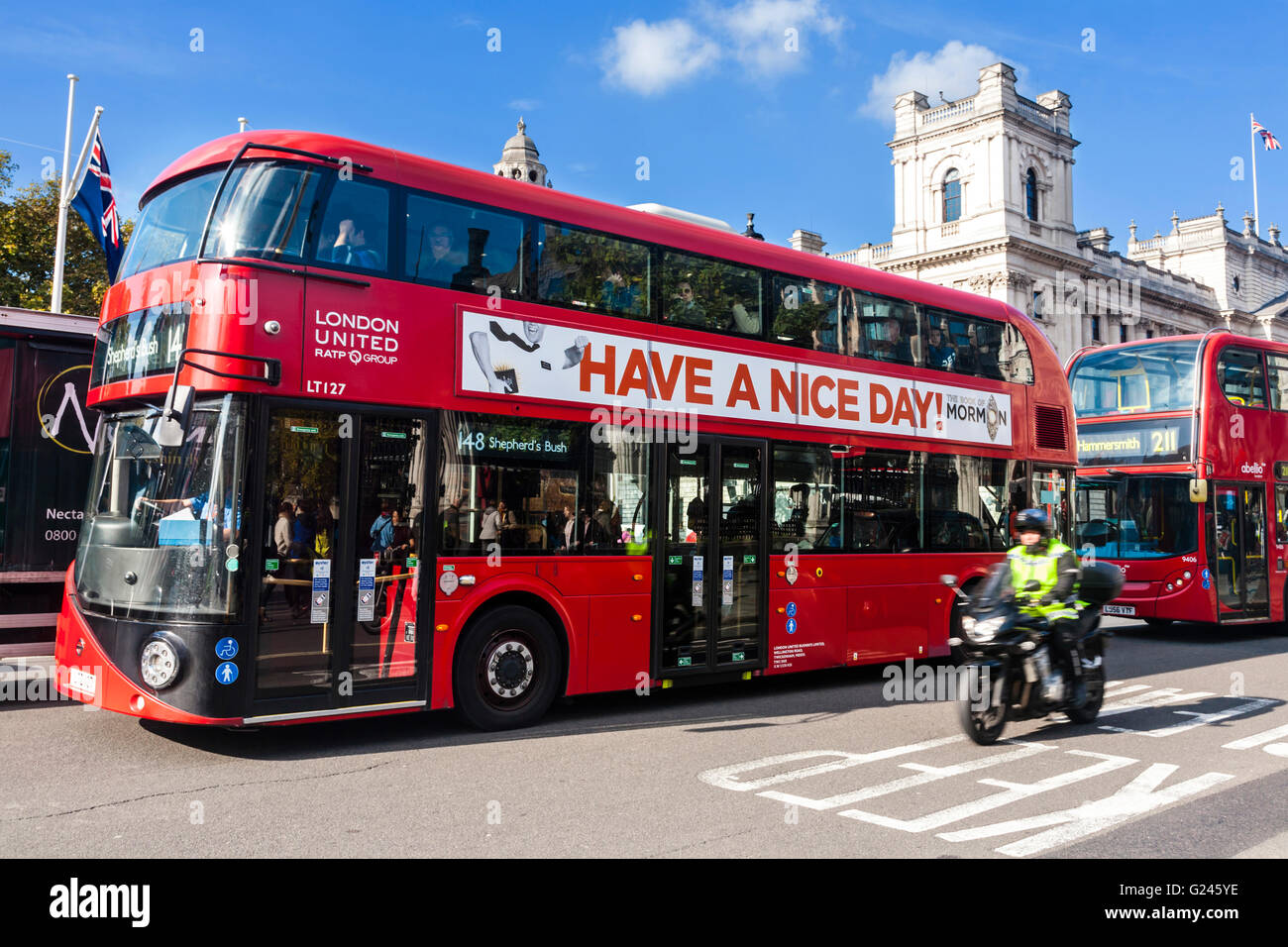 Red Routemaster Bus on a London Street, London, England. Stock Photo