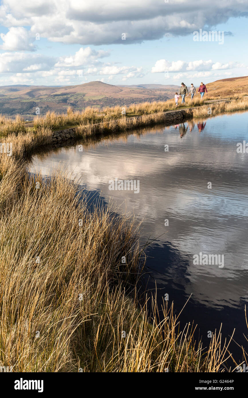 People walking on path around Keeper's Pond, Pwll Du hillside, Blorenge, Wales, UK Stock Photo