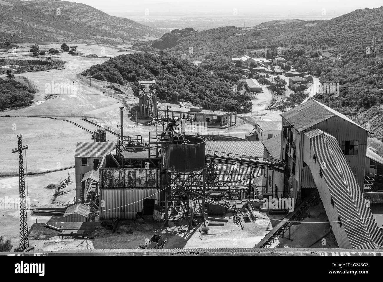 Industrial buildings and machine of abandoned Mine of Montevecchio in Sardinia, Arbus, Guspini, Italy Stock Photo