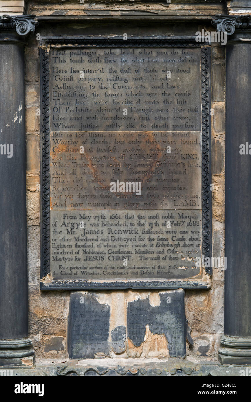 Detail of the inscription on the Covenanters or Martyrs Memorial in Greyfriars Kirkyard, Edinburgh, Scotland, UK. Stock Photo