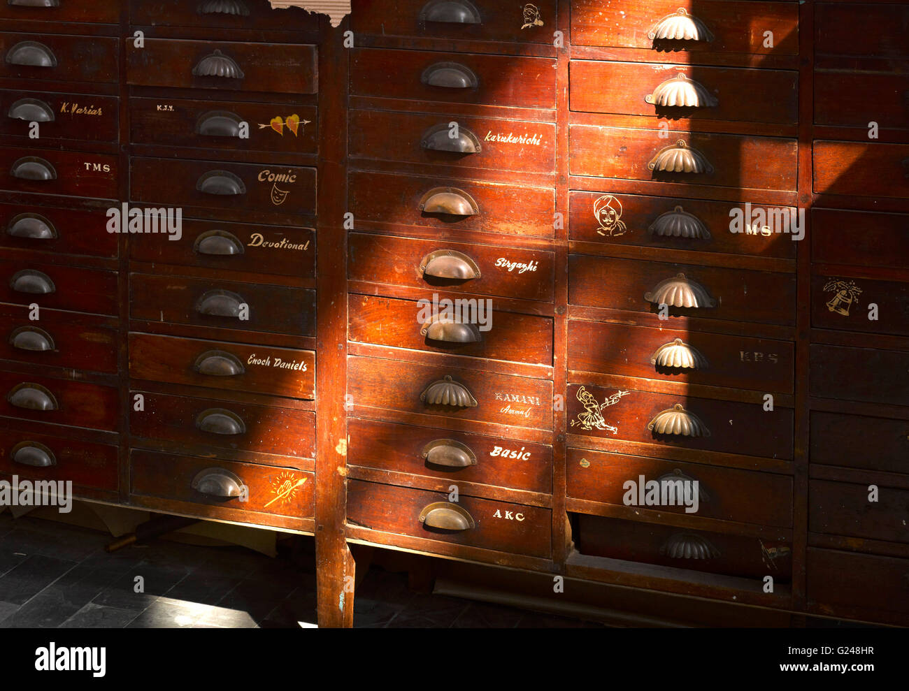 Studio interior looking at old storage unit. Bharti Kher Studio, Gurgaon, India. Architect: NA, 2014. Stock Photo