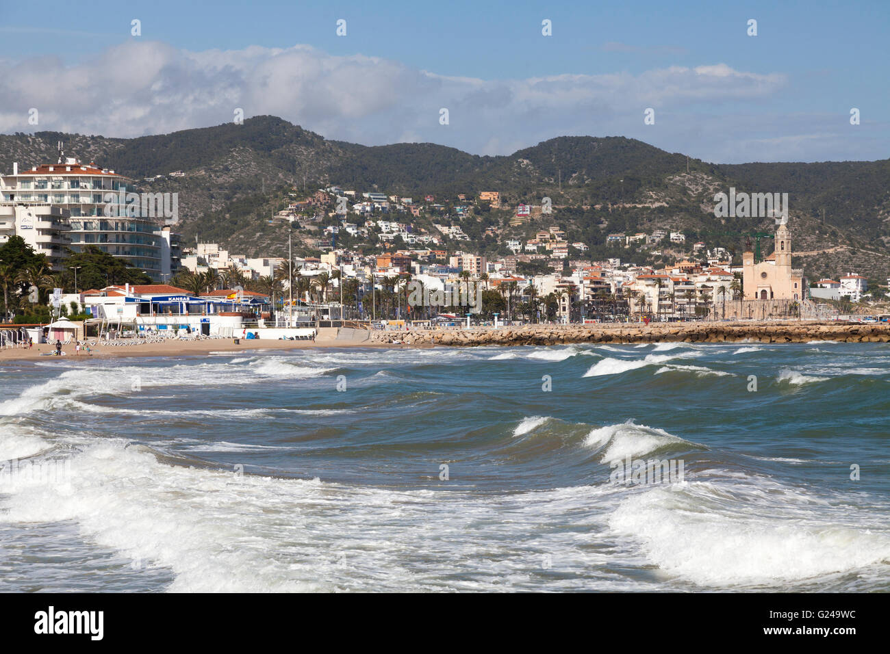 Waves breaking on the sea front, Sitges, Catalonia, Spain Stock Photo
