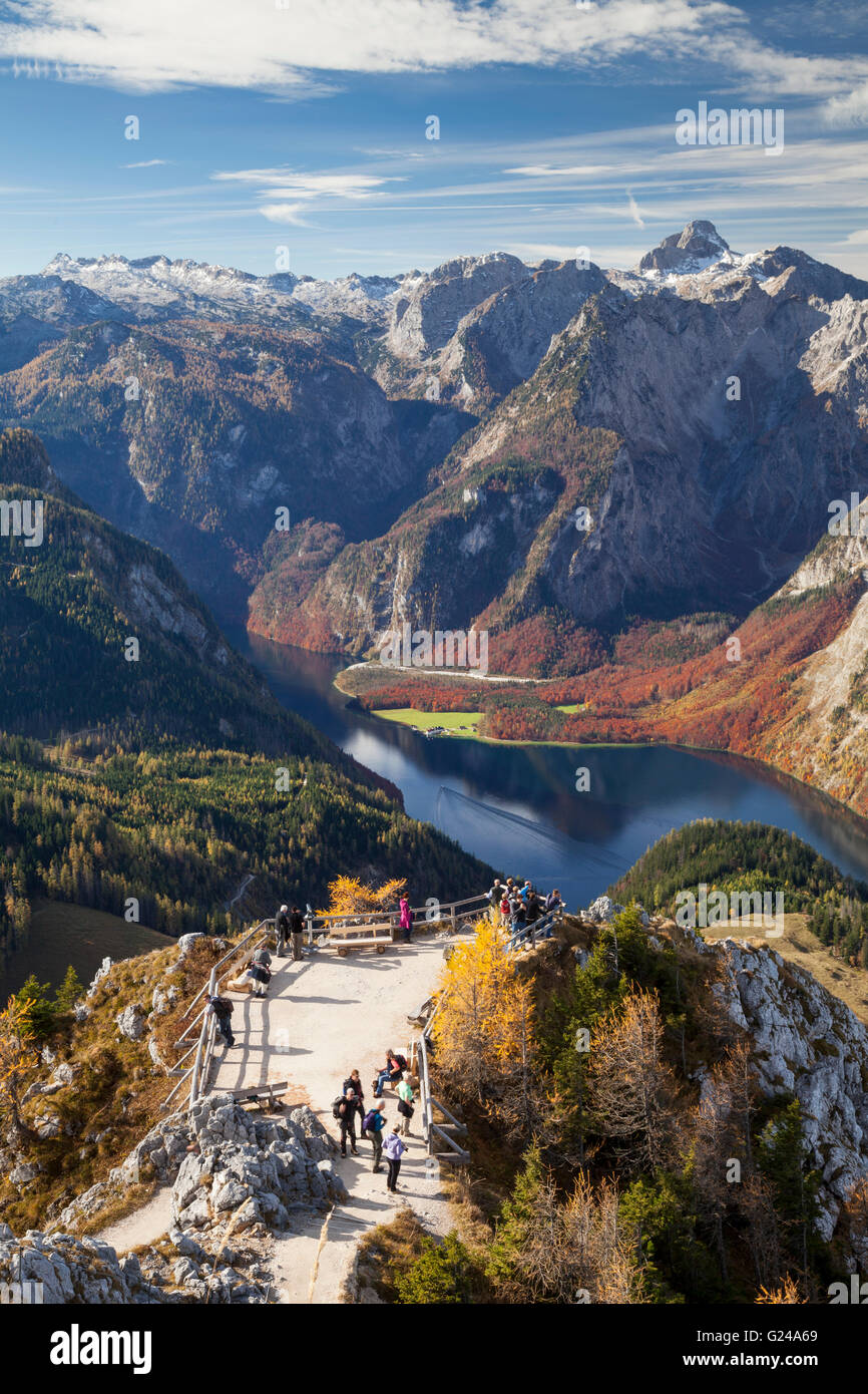 View from Mt Jenner of the viewing platform with Königssee Lake and Mt ...