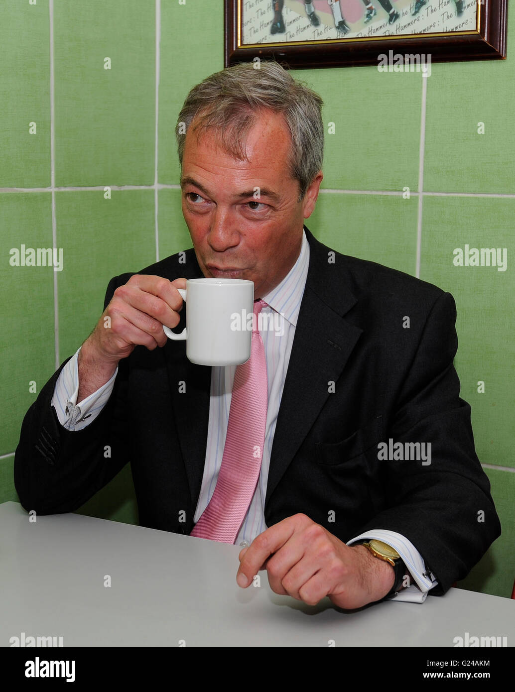 Nigel Farage drinks tea at Brook pie and mash shop in Dagenham, ahead