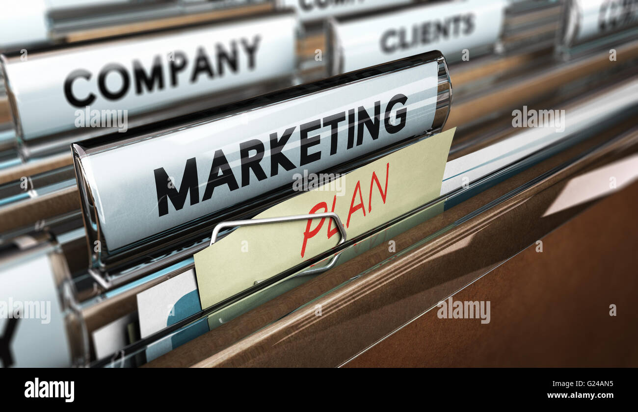 3D illustration of a file tab with focus on the text marketing plan. Concept of business strategic planning. Stock Photo