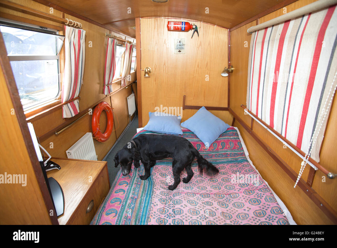 Interior of a canal boat moored at Brentford Dock Marina, West London, situated on the River Thames, England, UK Stock Photo