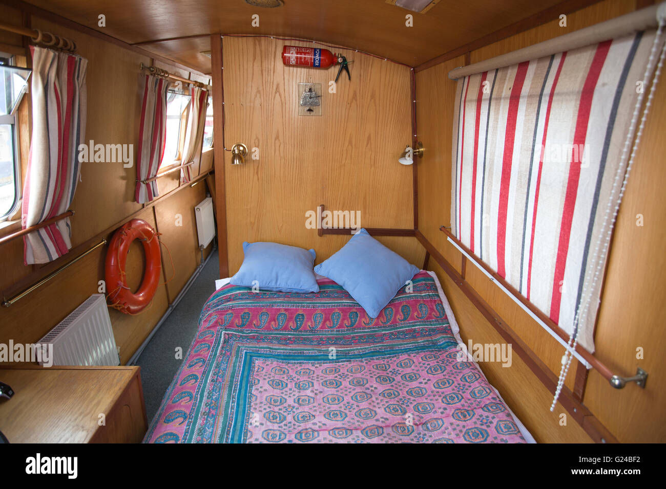 Interior of a canal boat moored at Brentford Dock Marina, West London, situated on the River Thames, England, UK Stock Photo