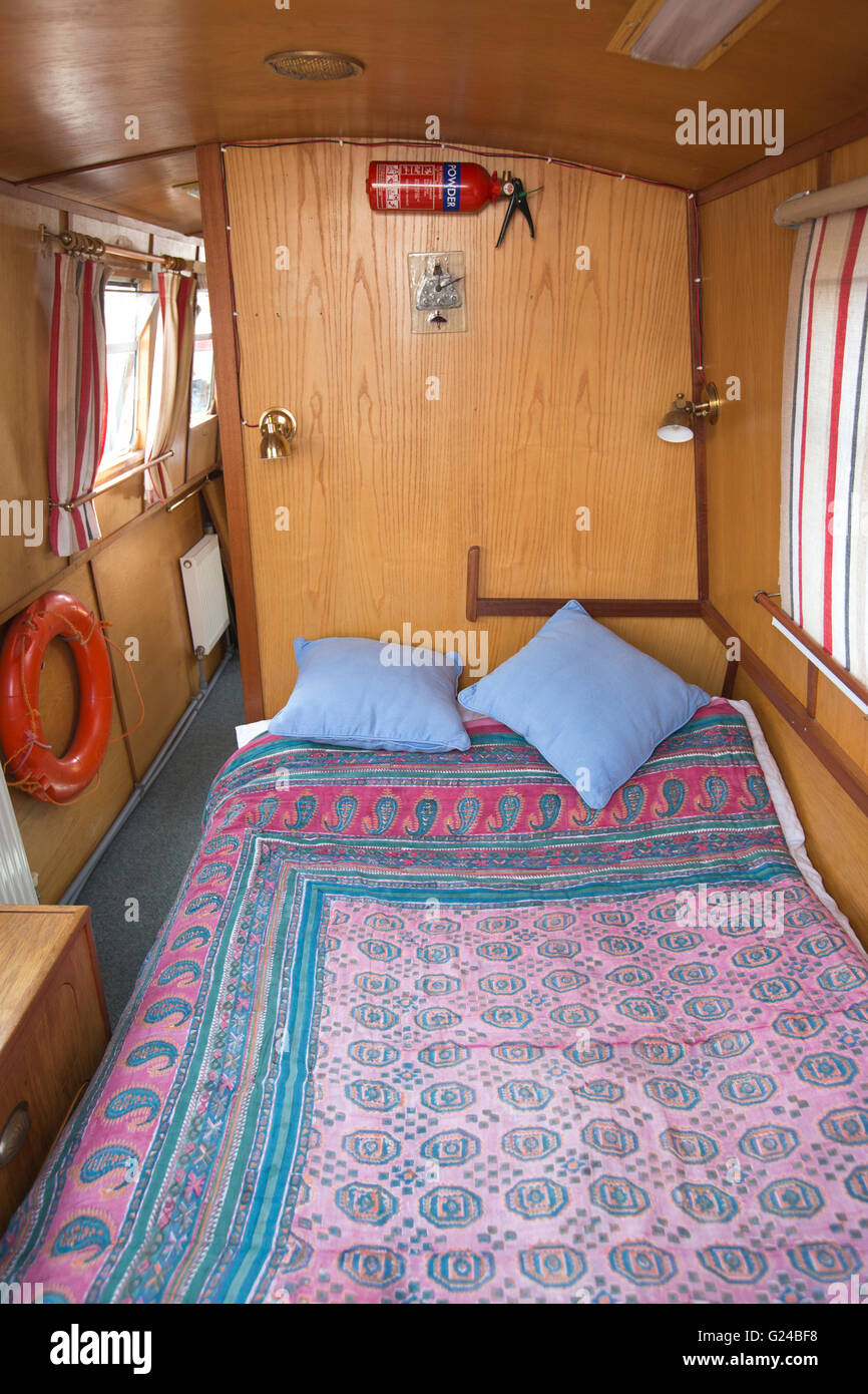 Interior of a canal boat moored at Brentford Dock Marina, West London, situated on the River Thames, England, UK Stock Photo