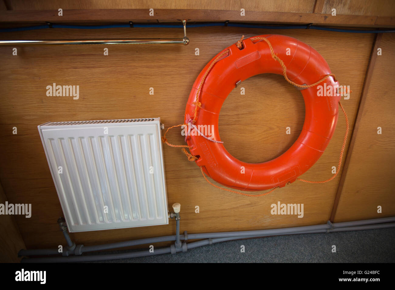 Interior of a canal boat moored at Brentford Dock Marina, West London, situated on the River Thames, England, UK Stock Photo