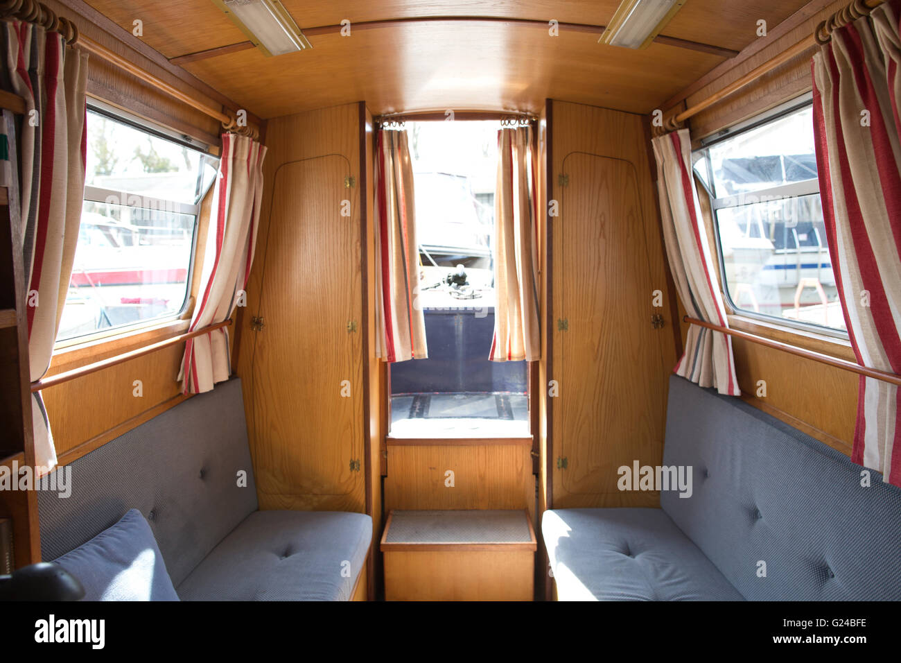 Interior of a canal boat moored at Brentford Dock Marina, West London, situated on the River Thames, England, UK Stock Photo