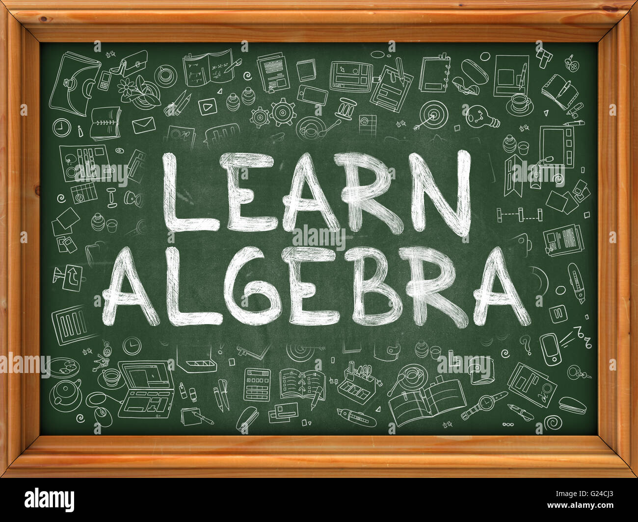 Learn Algebra Concept. Doodle Icons on Chalkboard. Stock Photo