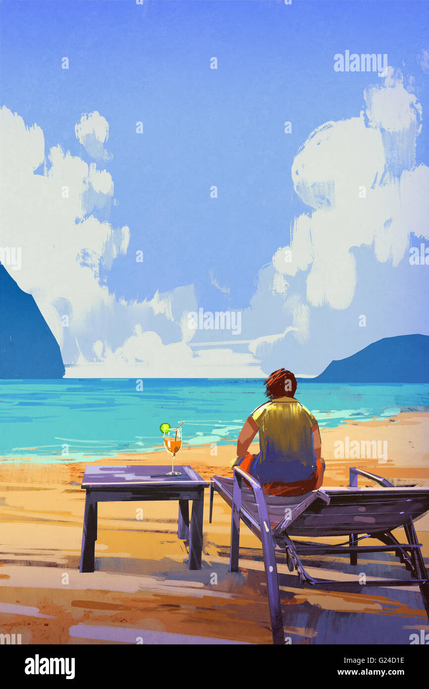 man sitting on deckchair at the beach,illustration,summer Stock Photo