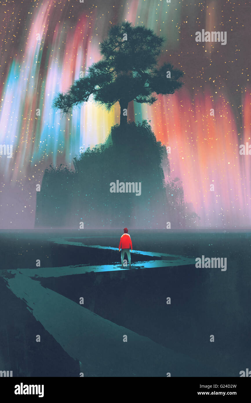 man begin a journey on winding road to the big tree against the night sky,illustration Stock Photo