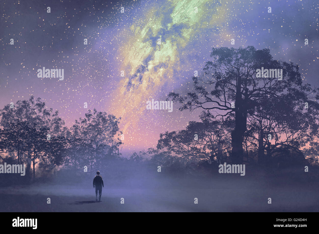 man standing against the milky way above silhouetted trees,night sky,scenery illustration Stock Photo